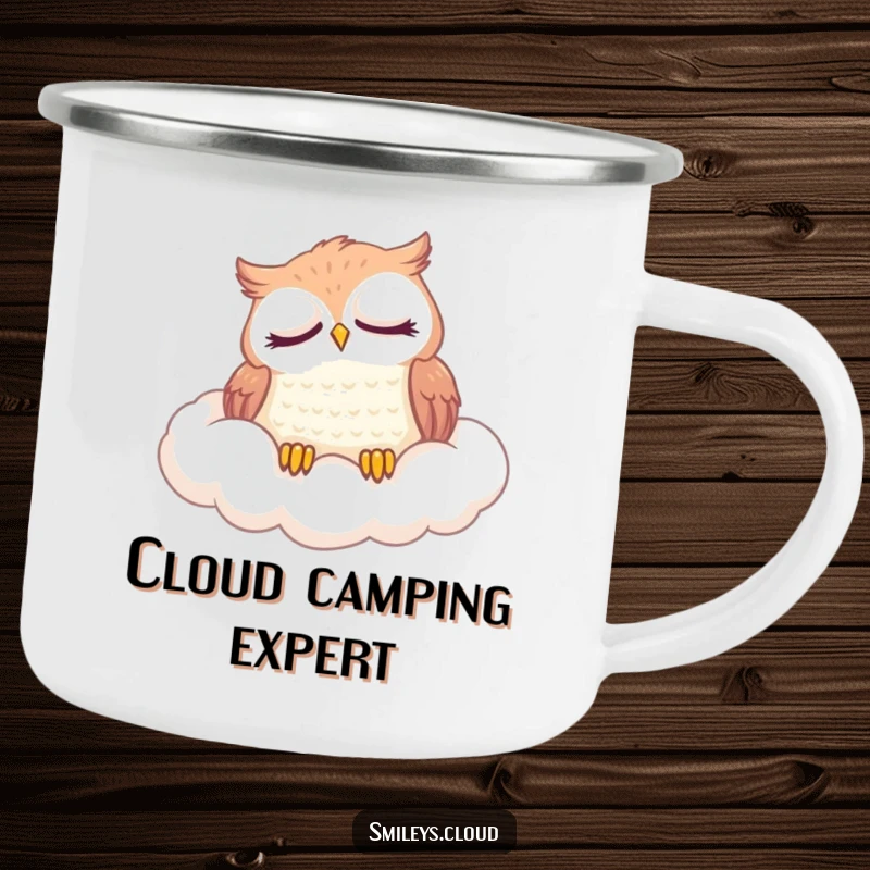Funny camping mug featuring a content owl napping on a cloud, durable for outdoor use and coffee lovers.