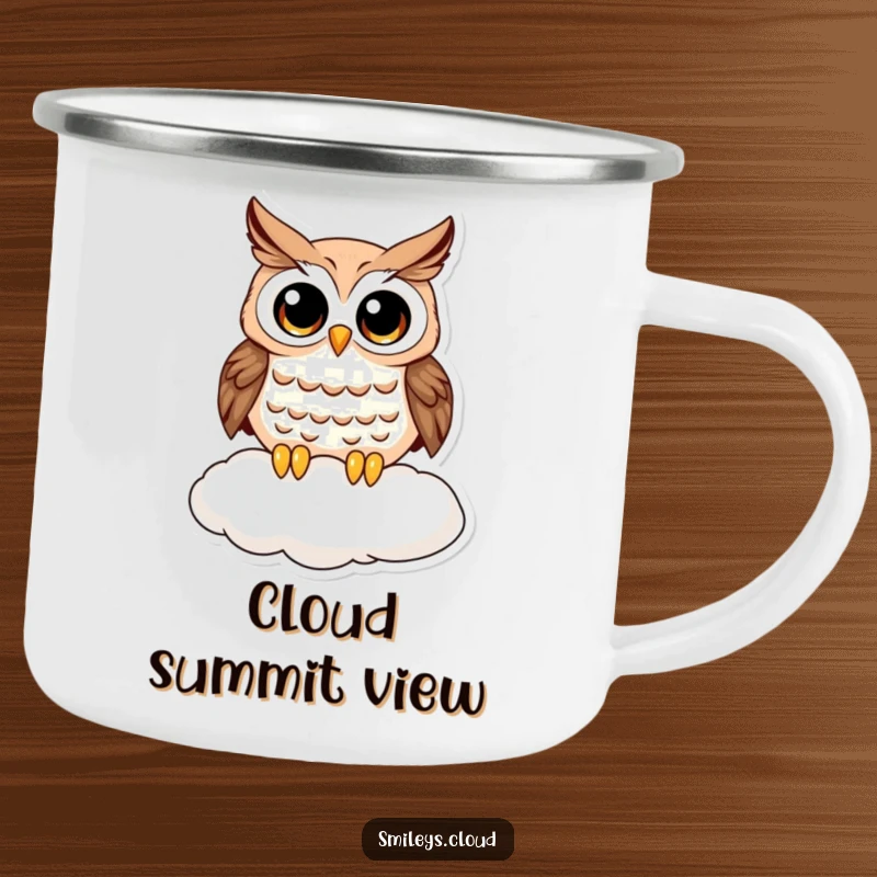 Funny curious owl camping mug, showing a wide-eyed owl on a cloud, perfect for sipping coffee during outdoor adventures with a humorous touch.
