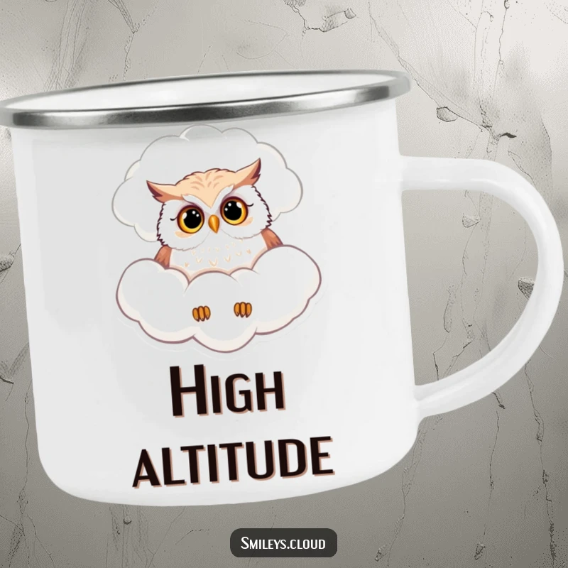 Funny camping mug with a curious owl peering down from a fluffy cloud, ideal for enjoying the outdoors with wonder.
