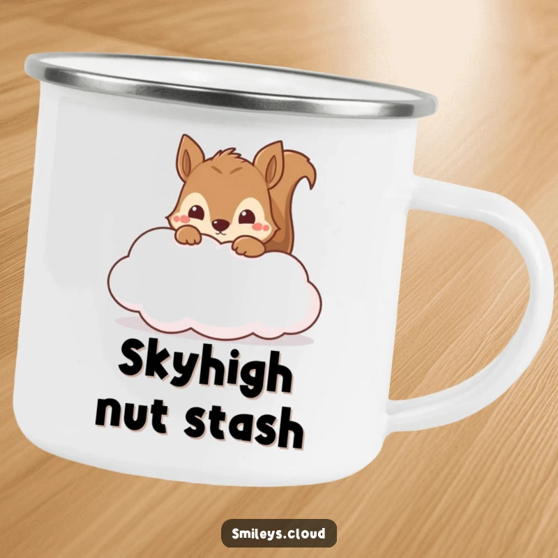Funny squirrel peeking from a cloud on a durable camping mug, ready for outdoor fun and a good laugh.