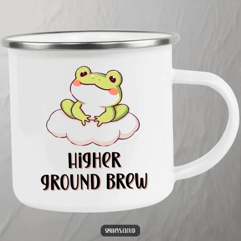 Funny frog character enjoying the outdoors on a cloud with a smile, perfect for this durable, humorous camping mug.