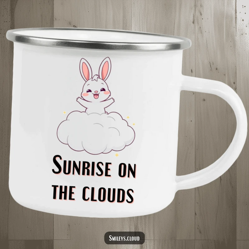Funny grinning bunny joyfully bouncing on a cloud on a durable camping mug, ready for any outdoor escapade.
