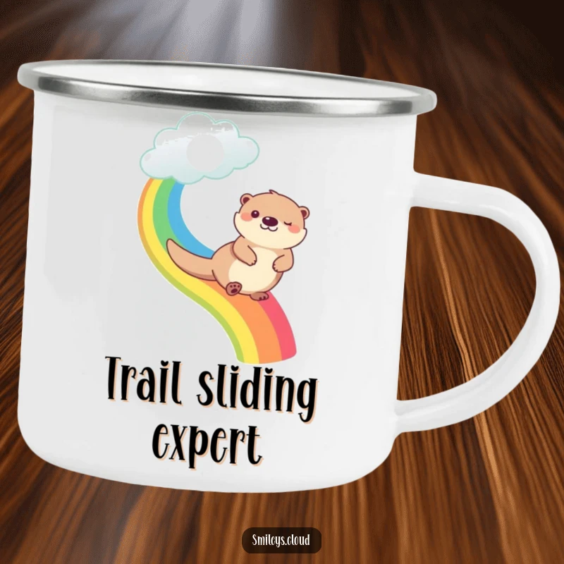 Funny happy otter sliding down a rainbow from a cloud, depicted on a durable camping mug for outdoor fun.