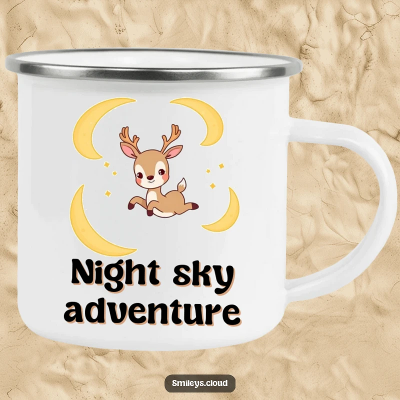 Funny camping mug with a joyful deer leaping between crescent moons, ideal for magical outdoor moments.