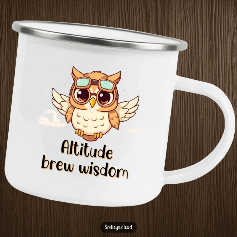 Funny and sturdy camping mug featuring a cute owl wearing aviator goggles, soaring through fluffy clouds, ready for funny adventures.