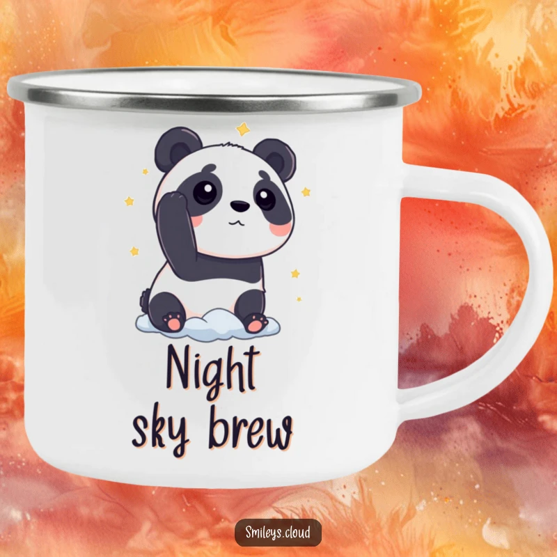 Funny panda camping mug with a curious panda gazing at stars from a cloud, ideal for humorous outdoor sipping.