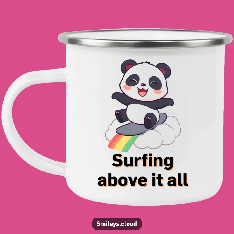 Funny Panda Surfing Rainbow Cloud Camping Mug - Adventure Gift