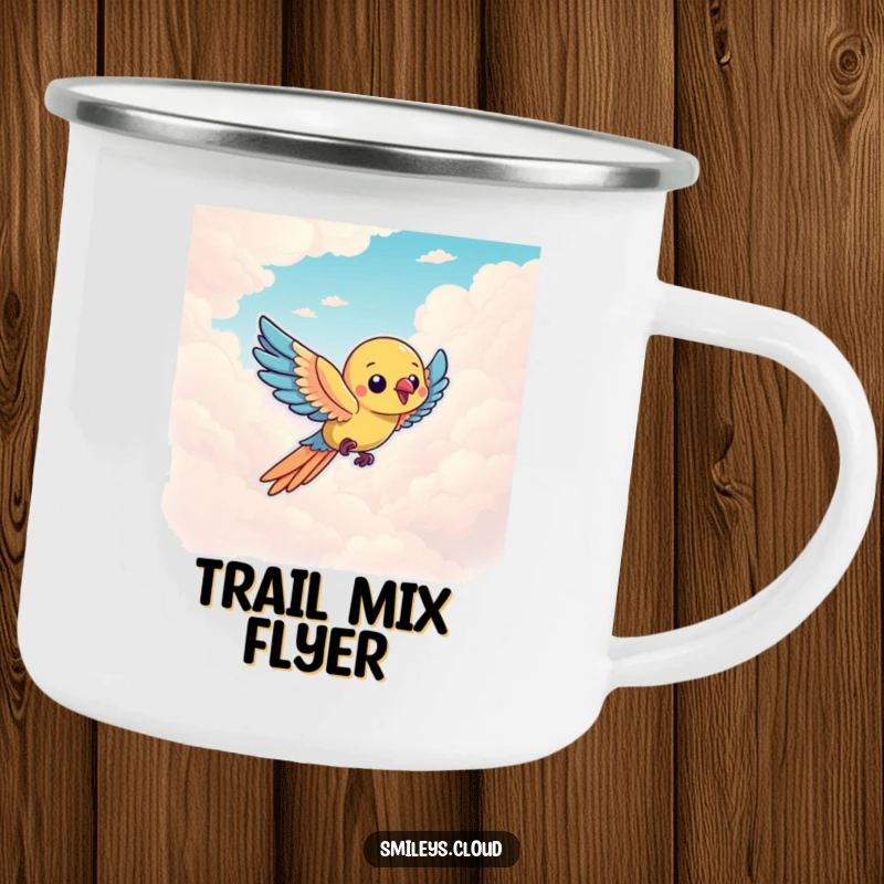 Funny parrot character flying through clouds on this durable, humorous camping mug, perfect for outdoor enjoyment.