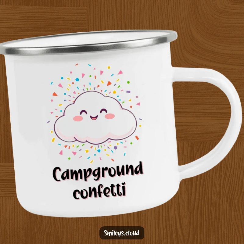 Funny camping mug featuring a smiling cloud releasing confetti, designed for outdoor enjoyment and festive celebrations.