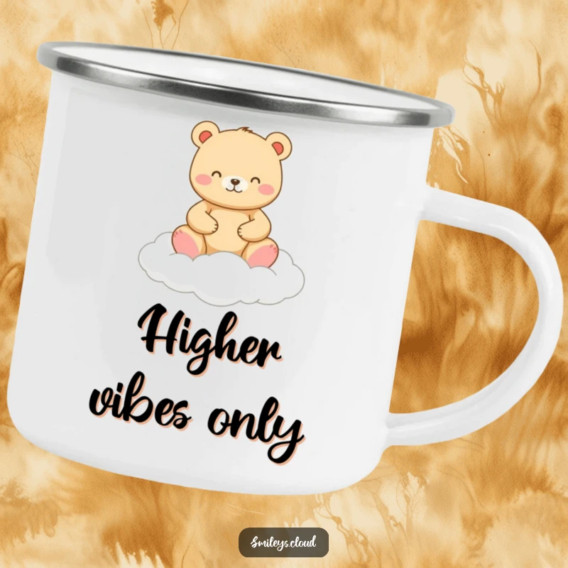 Funny enamel camping mug with a meditating bear on a cloud, designed for outdoor humor and relaxation.