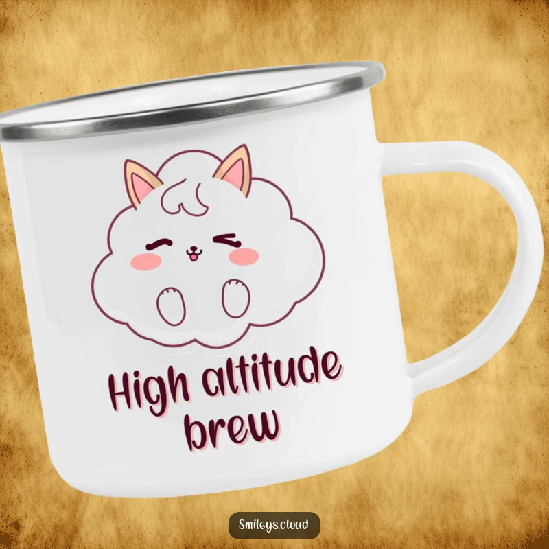 Funny camping mug featuring a charming cloud animal giving a mischievous wink, designed for outdoor enjoyment and humorous sips.