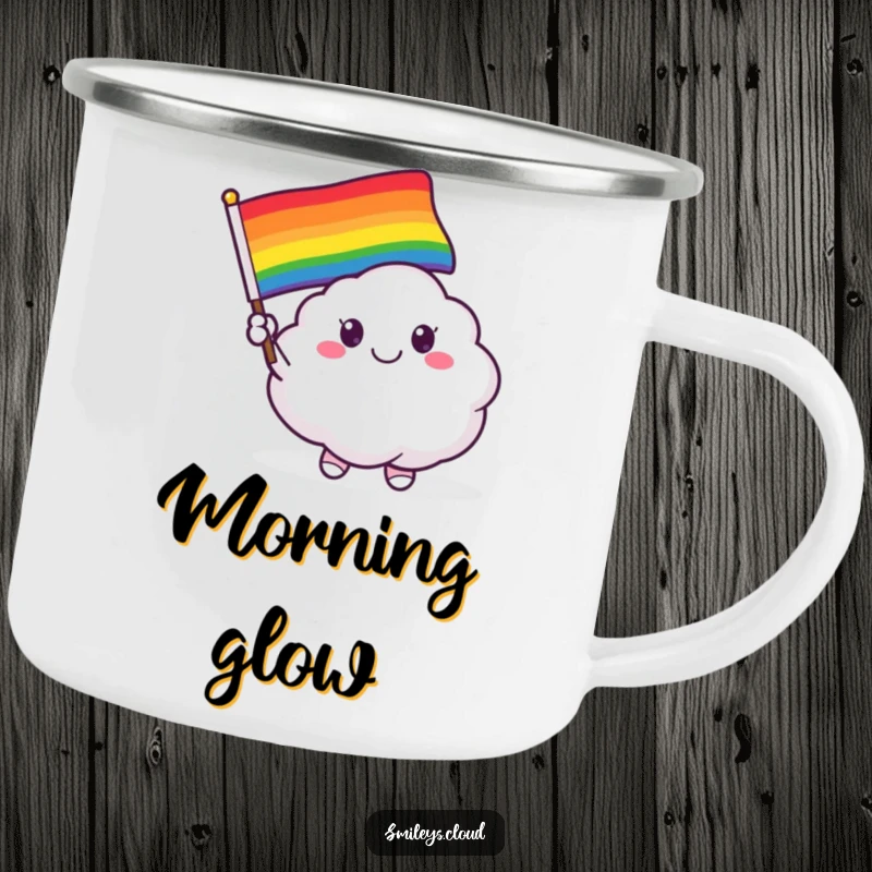 Funny enamel camping mug with a smiling cloud critter joyfully waving a vibrant rainbow flag.