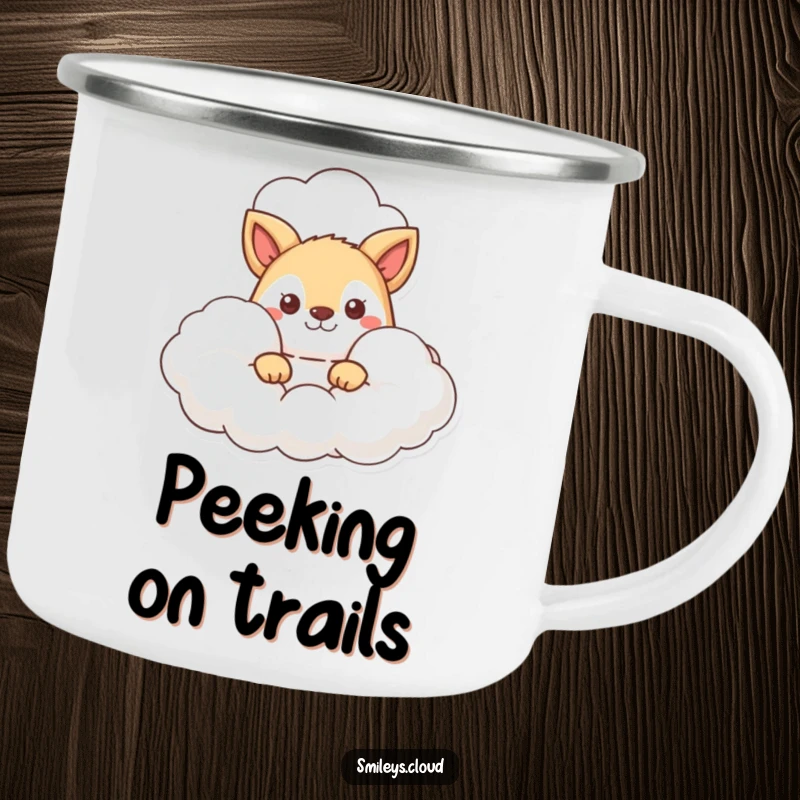 Funny camping mug of an animal character curiously peeking out from behind a fluffy cloud, perfect for outdoor exploration.