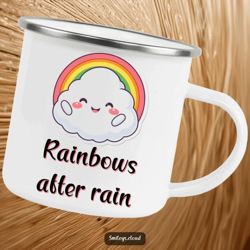 Funny camping mug of a proud cloud character holding a rainbow, beaming with joy, perfect for outdoor enjoyment.