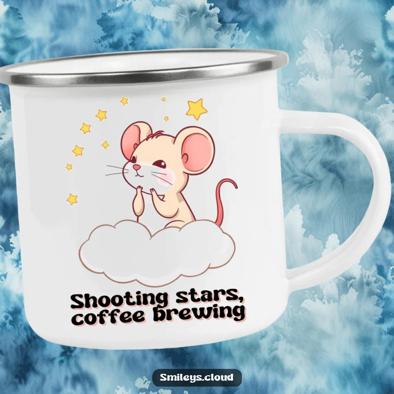Funny camping mug with a thoughtful mouse gazing at stars from a cloud, ideal for enjoying beverages outdoors.