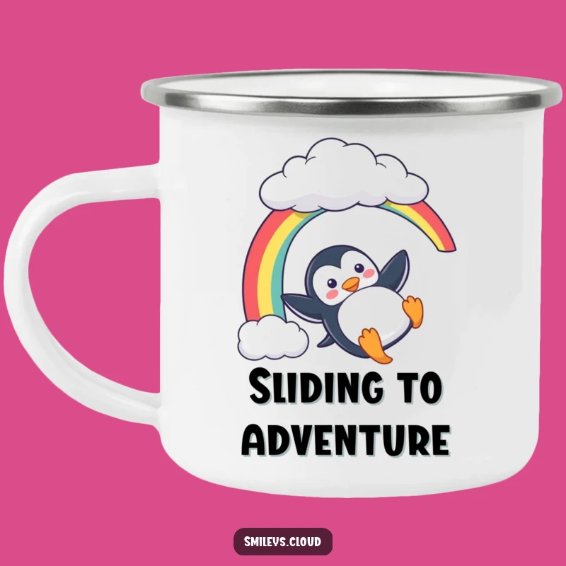 Funny Penguin Camping Mug: Playful Rainbow Slide - Adventure with Joy!