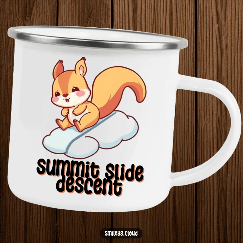 Funny squirrel camping mug with a silly squirrel sliding down a cloud, ideal for humorous outdoor sipping.