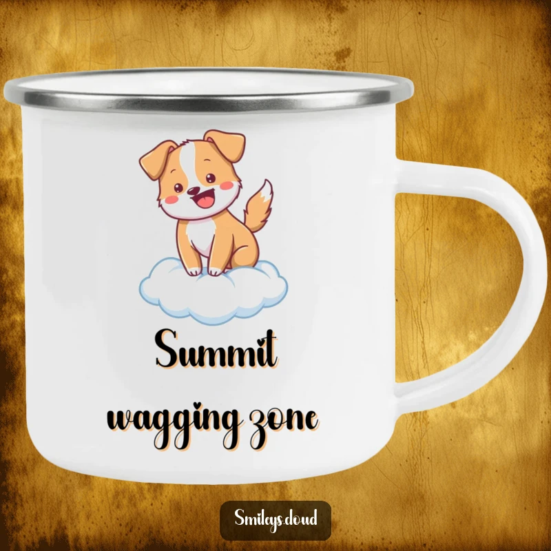 Funny cheerful dog wagging its tail on a cloud, depicted on a durable camping mug for outdoor fun.