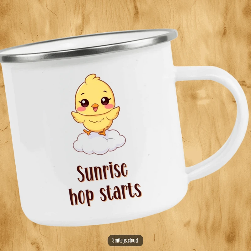 Funny chick camping mug with a happy chick hopping on a cloud, ideal for humorous outdoor sipping.