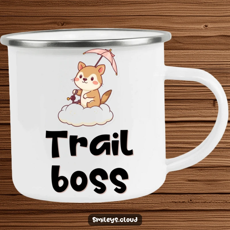 Funny camping mug featuring a determined animal steering a cloud with a tiny umbrella, perfect for brave outdoor expeditions.