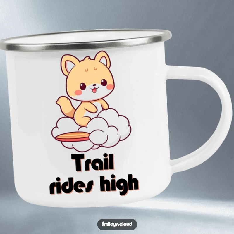 Funny camping mug featuring an animal character surfing on a cloud, designed for outdoor use with a humorous and adventurous theme.