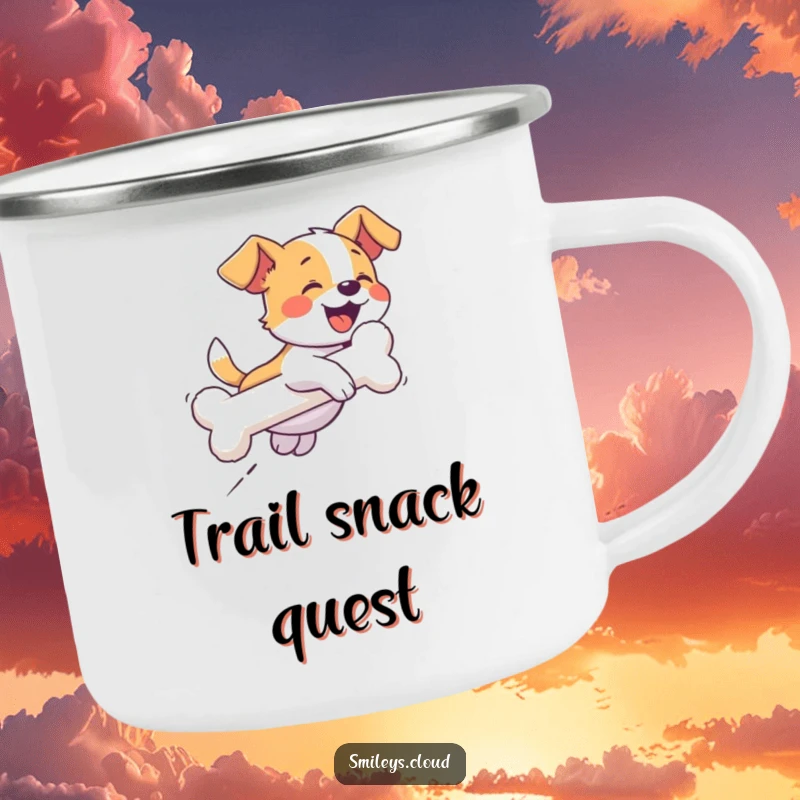 Funny camping mug with a giggling dog chasing a cloud shaped like a bone, perfect for outdoor adventures and dog enthusiasts.