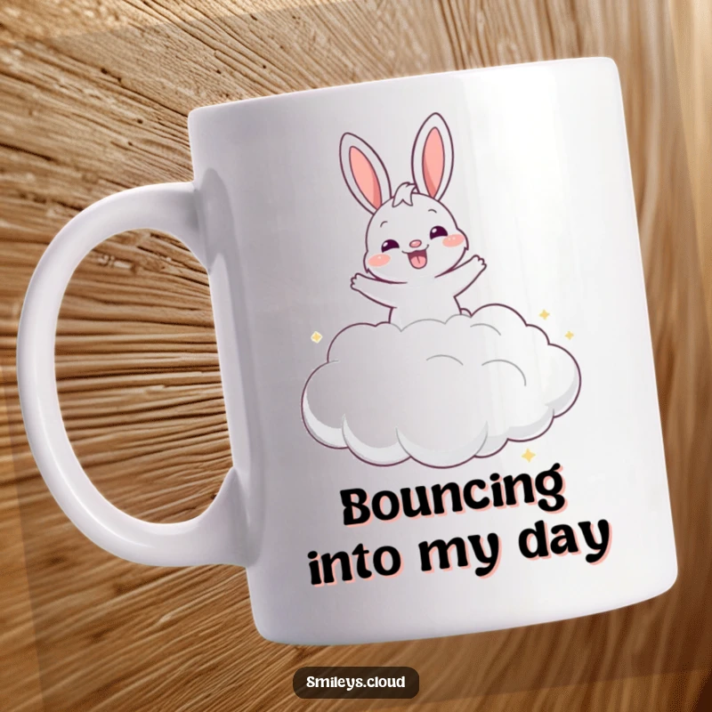 Funny grinning bunny joyfully bouncing on a soft, puffy cloud, depicted on a humorous mug.