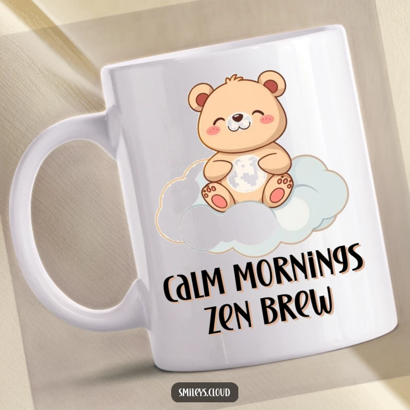 Funny meditating bear mug showing a plump, happy bear sitting cross-legged on a cloud, eyes closed in meditation.
