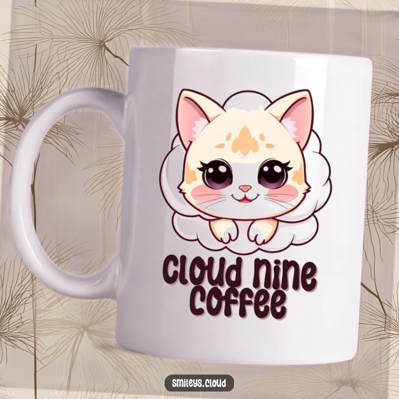 Funny happy cat peeking over the edge of a soft, fluffy white cloud, printed on a charming and funny mug.