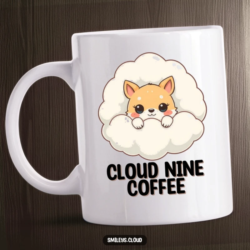 Funny Peeking Animal Mug: A cute animal cautiously peeking from behind a large, soft, fluffy white cloud.