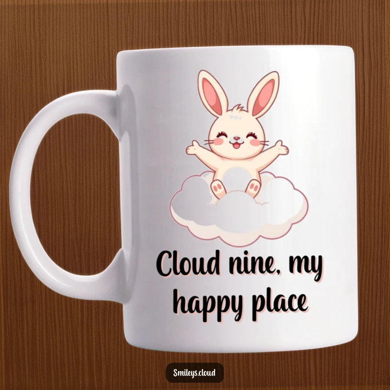 Funny bunny floating on a fluffy cloud, arms open wide for a hug, on a ceramic mug, perfect for joy.