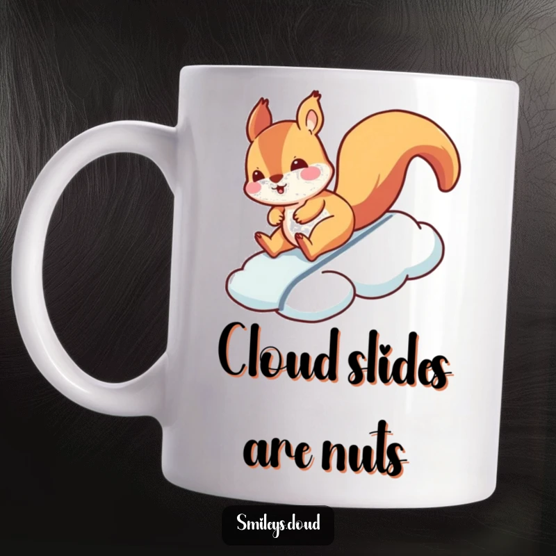 Funny squirrel mug showing a silly squirrel sliding down a cloud, a hilarious depiction of playful adventure.