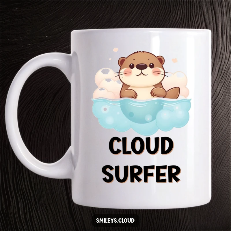 Funny otter mug depicting a brave otter joyfully swimming through soft, fluffy clouds, embodying courage and whimsical adventure.
