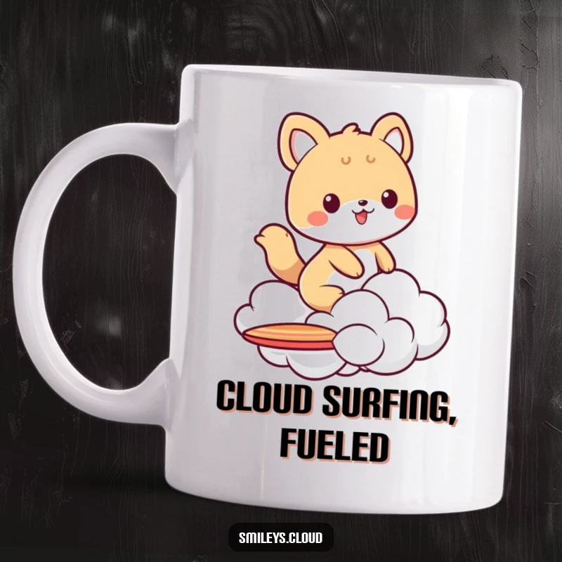 Funny mug showing an animal character gleefully surfing on a small fluffy cloud, embodying a carefree and adventurous spirit.