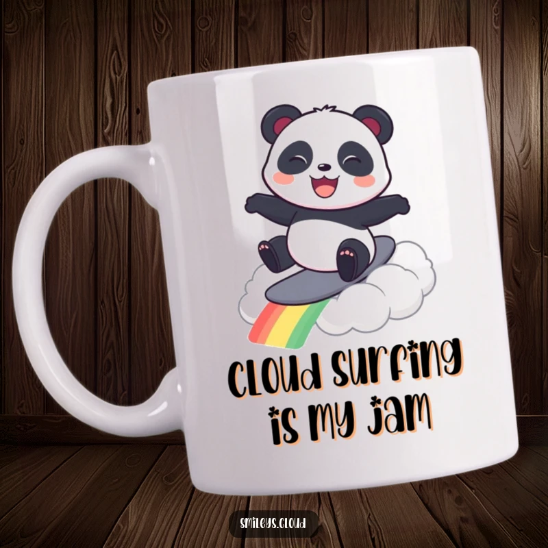 Funny mug featuring a grinning panda expertly surfing a bright rainbow cloud, embodying pure joy and adventurous spirit.