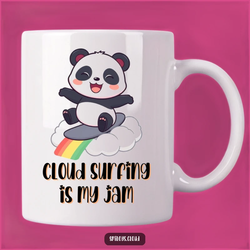 Funny Panda Surfing Rainbow Cloud Mug - Hilarious Gift for Cloud Lovers