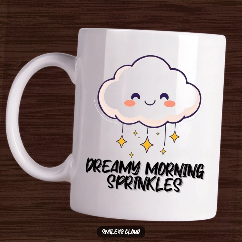 Funny smiling cloud face mug sending sparkling stars downwards, perfect for dreamers and positivity lovers.