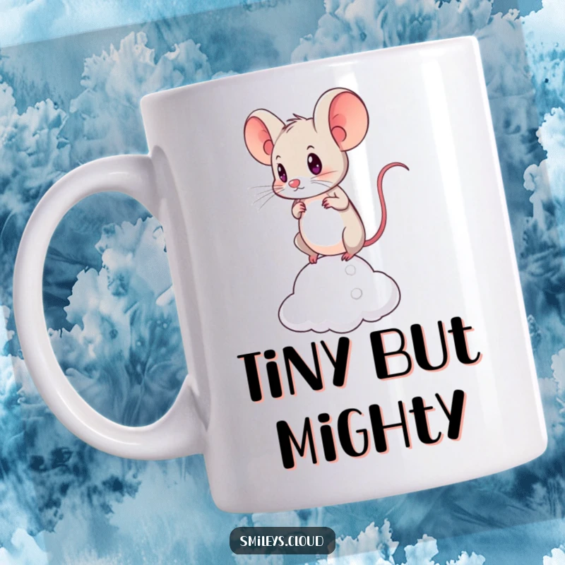 Funny mug with a brave mouse with a determined expression, balancing precariously on a small, fluffy cloud.