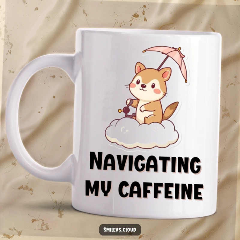 Funny mug showing a determined animal steering a cloud with a tiny umbrella, showcasing bravery and a humorous sense of control.