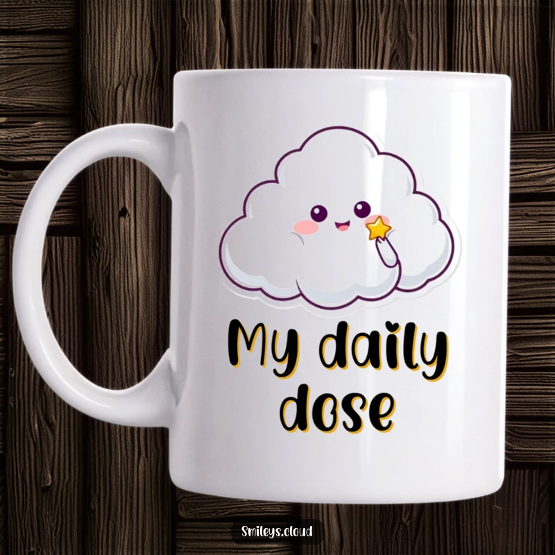 Funny mug depicting a kind cloud character with an open hand, offering a small, glowing star, symbolizing hope and magic.