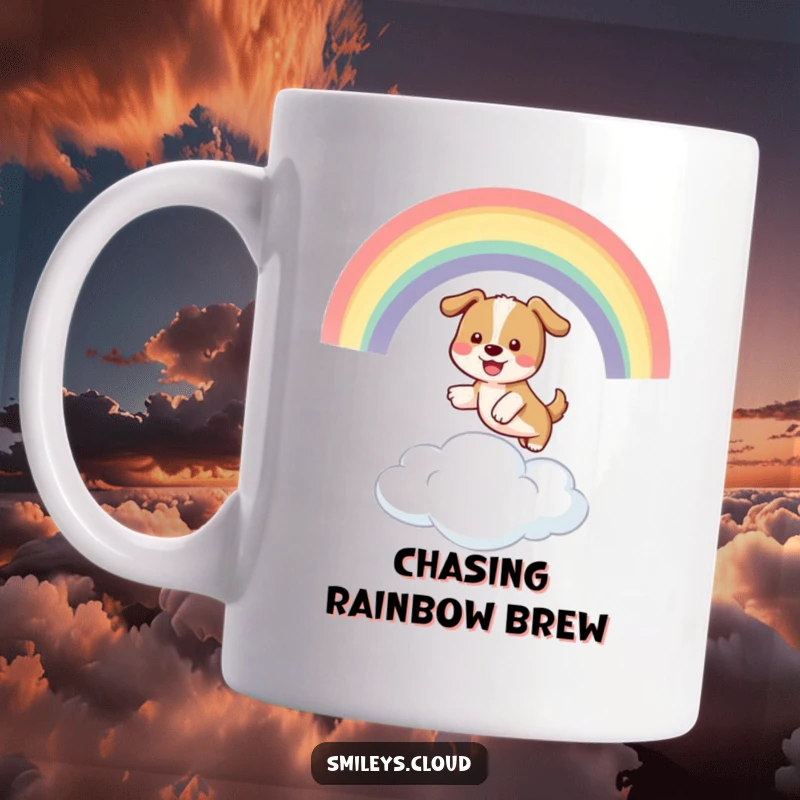 Funny illustration of a playful dog jumping through a vibrant rainbow arching over a soft cloud, printed on a mug.