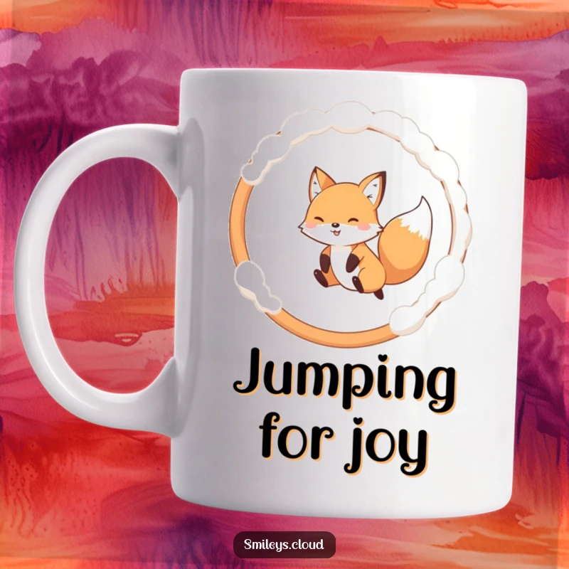 Funny mug showcasing a mischievous fox mid-air, leaping through a fluffy white cloud hoop with glee.