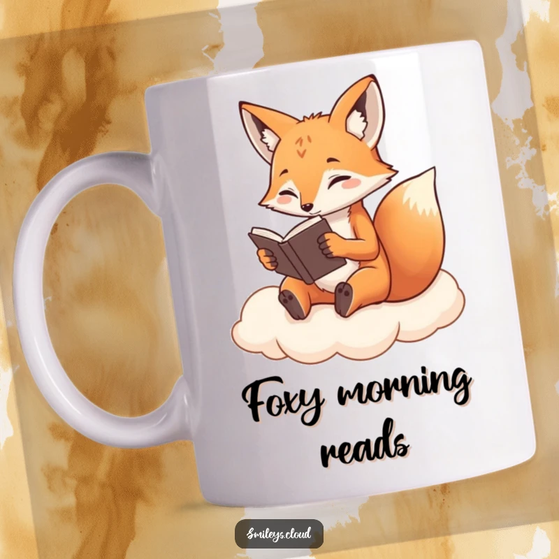 Funny Fox Reading Mug: A determined fox sits on a cloud, engrossed in a book, a humorous and intellectual design for coffee lovers.