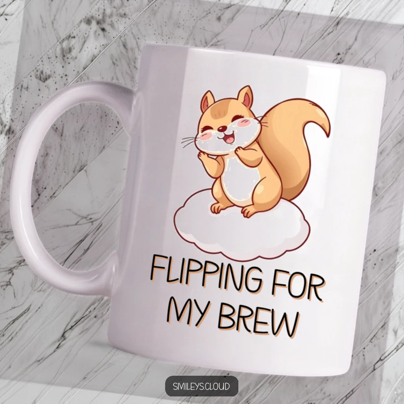 Funny Squirrel mug showing a giggling squirrel performing an acrobatic flip on a soft cloud cushion, full of energetic fun.