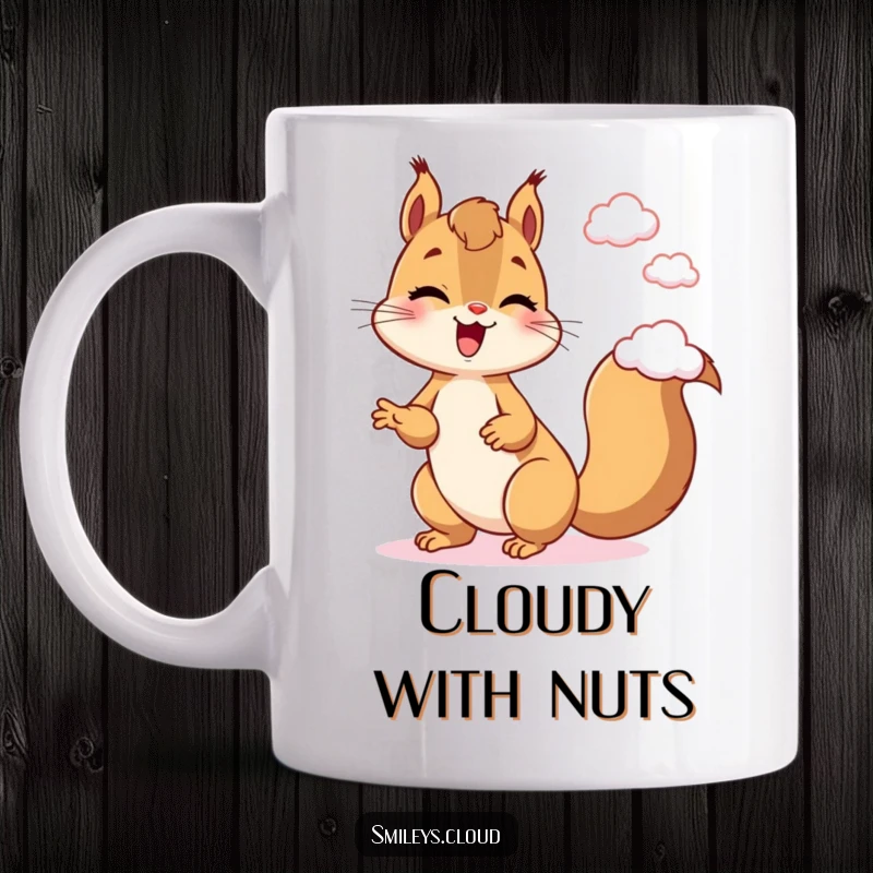 Funny Squirrel Mug: A giggling squirrel expertly juggles small, fluffy clouds, showcasing pure delight and playful chaos.