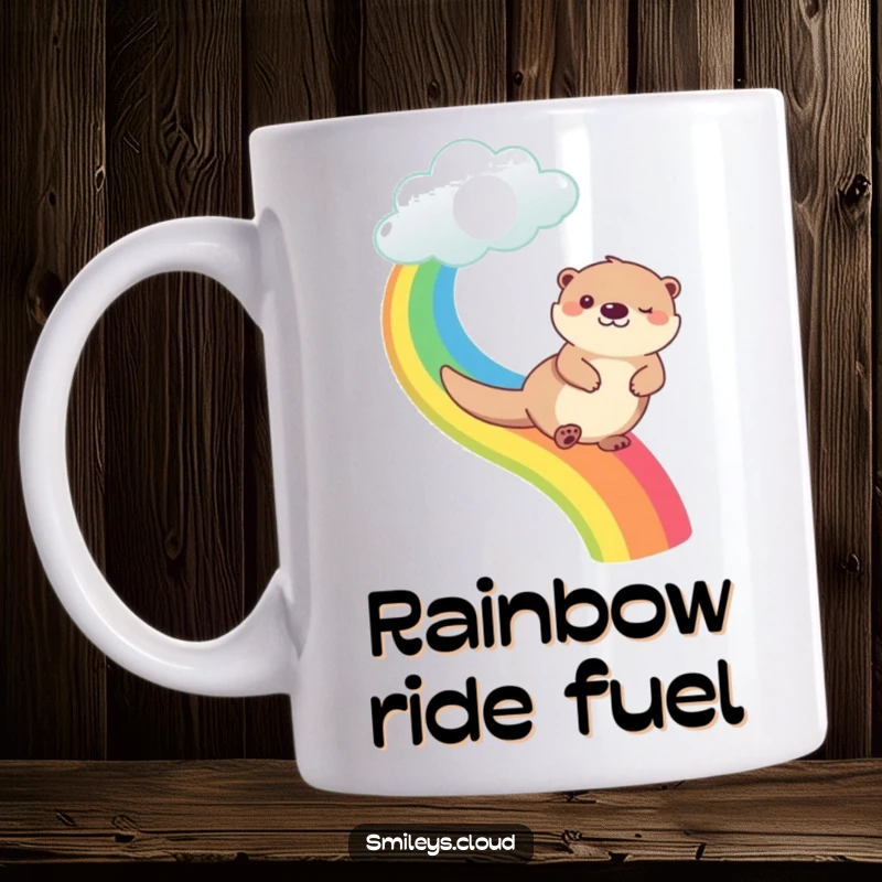 Funny happy otter joyfully sliding down a vibrant rainbow originating from a fluffy cloud on this mug.