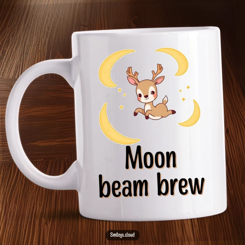 Funny mug featuring a joyful deer gracefully leaping between crescent moons, embodying magic and playful energy.