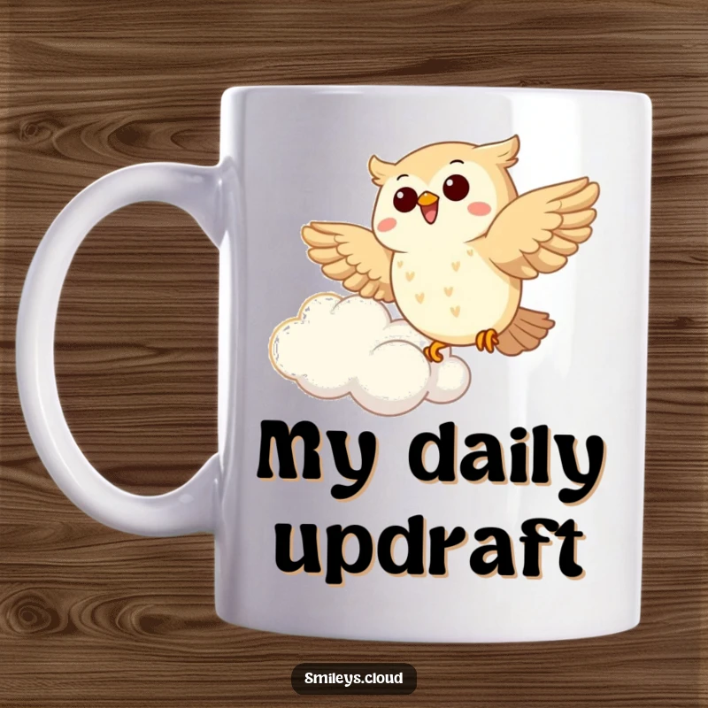 Funny Owl Mug: A joyous owl gleefully soars through a fluffy cloud, embodying freedom and happiness in this whimsical design.