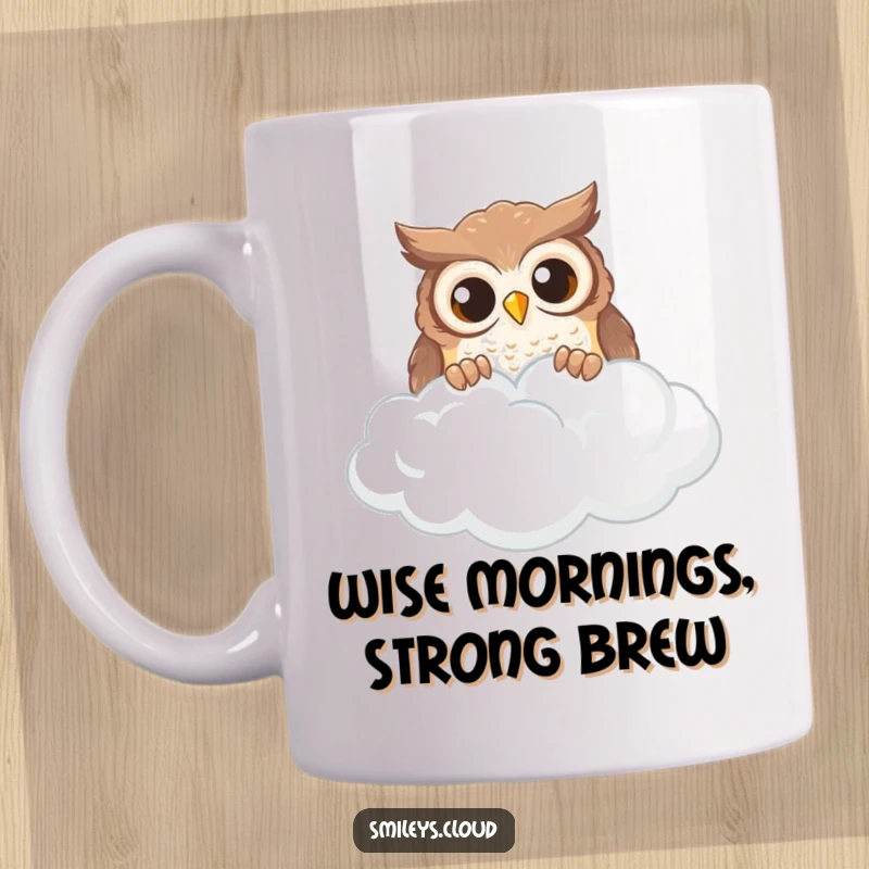 Funny curious owl peeking over the edge of a wispy cloud, wide-eyed, on a ceramic mug.