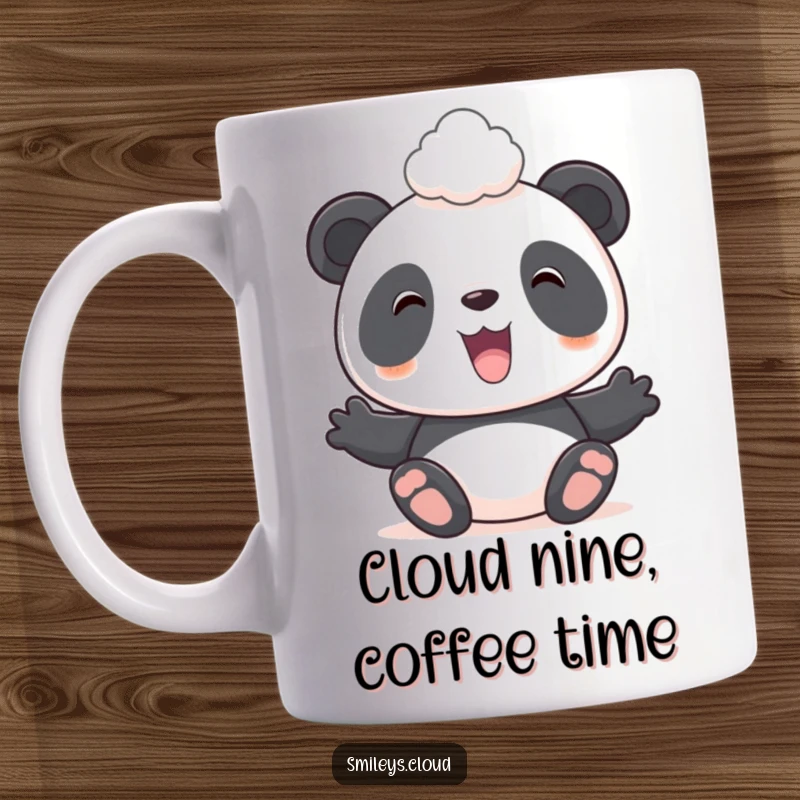 Funny mug featuring a smiling panda balancing a fluffy white cloud on its head with a joyfully serene expression.
